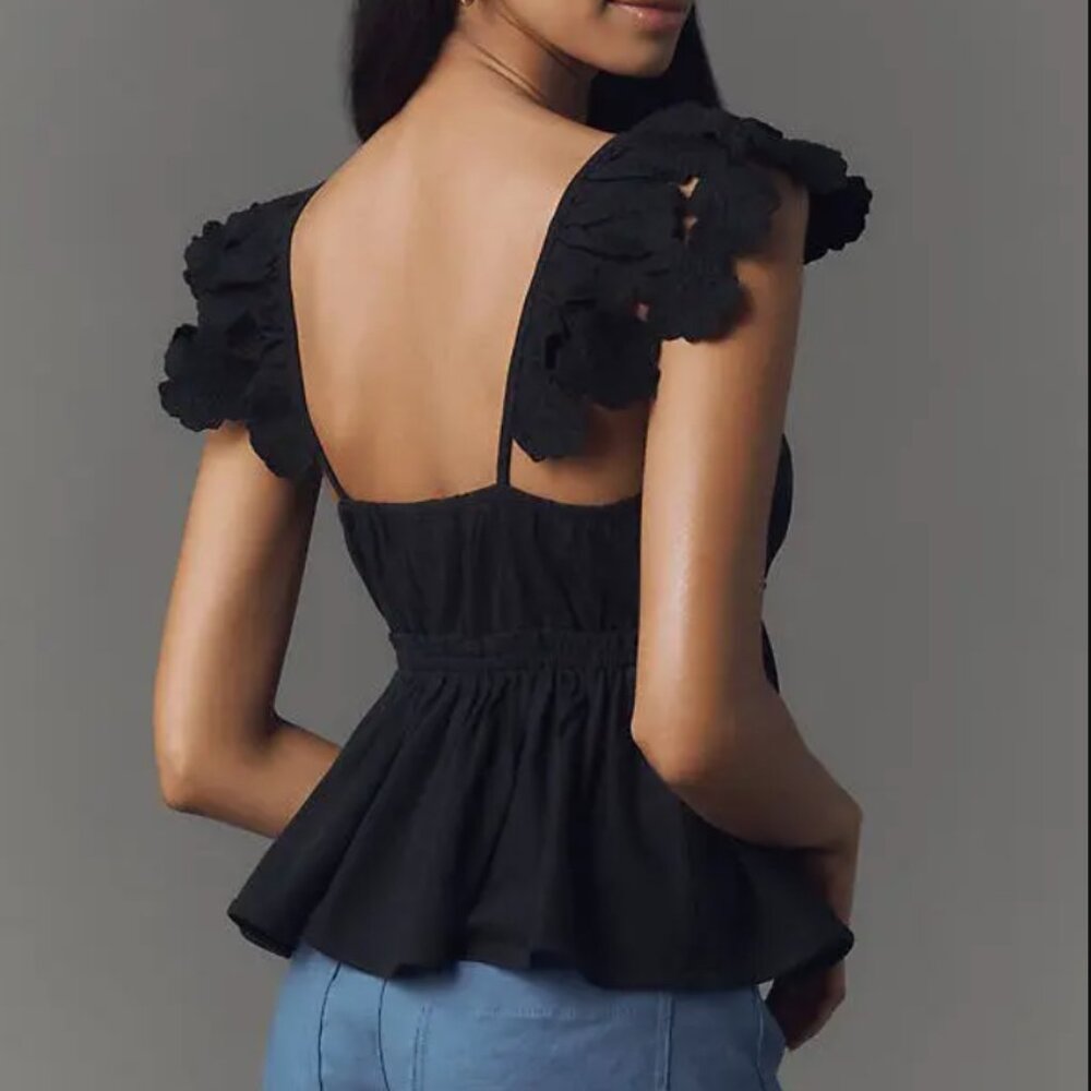 Anthropologie Cotton Embroidered Flutter Sleeve V-Neck Babydoll Top, Black S NWT
